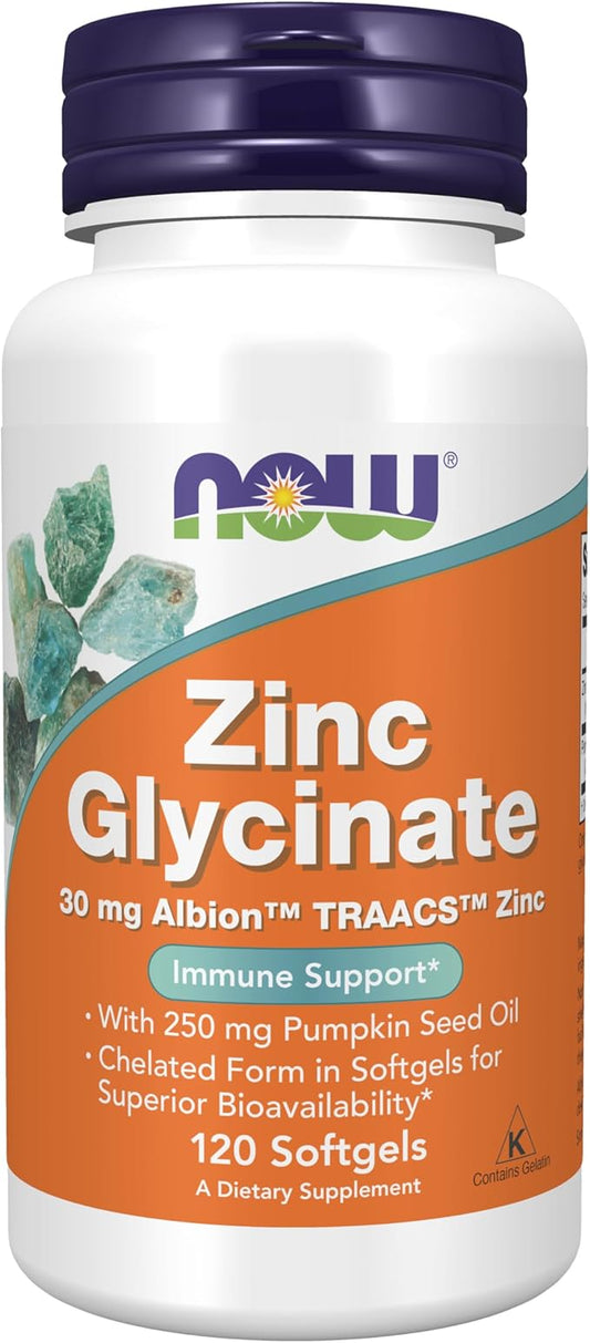 NOW Foods Supplements, Zinc Glycinate with 250 mg Pumpkin Seed Oil, Supports Prostate Health*, 120 Softgels (Packaging May Vary)