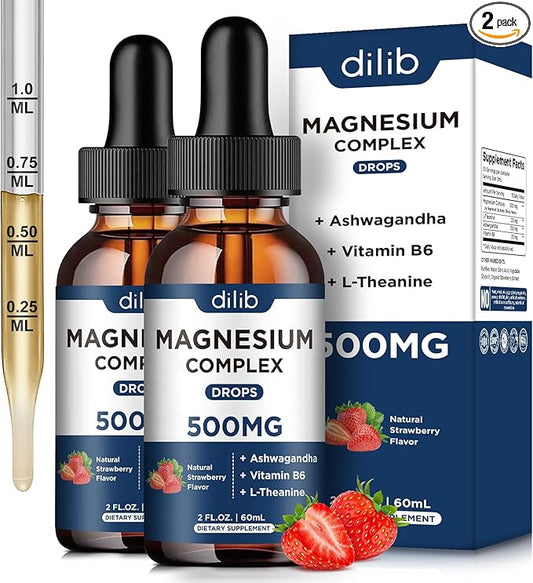 Magnesium Glycinate Liquid Drops 500mg - Triple Magnesium Complex Supplement with Citrate, Malate, Ashwagandha, L-Theanine, Vitamin B6 for Sleep, Stress Relief, Muscle, Strawberry Flavor 4 Fl Oz