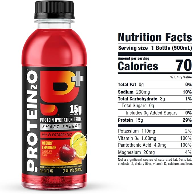 Protein2o 15g Whey Protein Isolate Hydration Drink Plus Energy & Focus, 350mg of Electrolytes, 125mg of Caffeine, Sugar Free, Cherry Lemonade, 16.9 oz Bottle (Pack of 12)