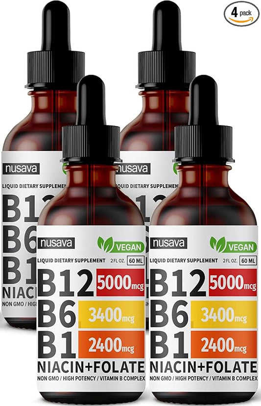(4 Pack) Vitamin B12 and B6 Liquid Drops, B12 Sublingual Vitamin B Complex - B 12 Vitamin 5000mcg - B12 Methylcobalamin for Energy, Brain, and Heart Support with 27,200 mcg, Raspberry, 80 Servings