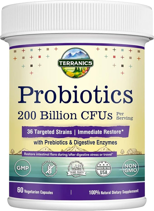 Terranics Daily Probiotics for Men & Women, 200 Billion 36 Strains Immediate Restore Probiotics, with Prebiotics & Enzymes, Healthy Regularity, Delayed Release, Shelf Stable, 60 Veggie Caps