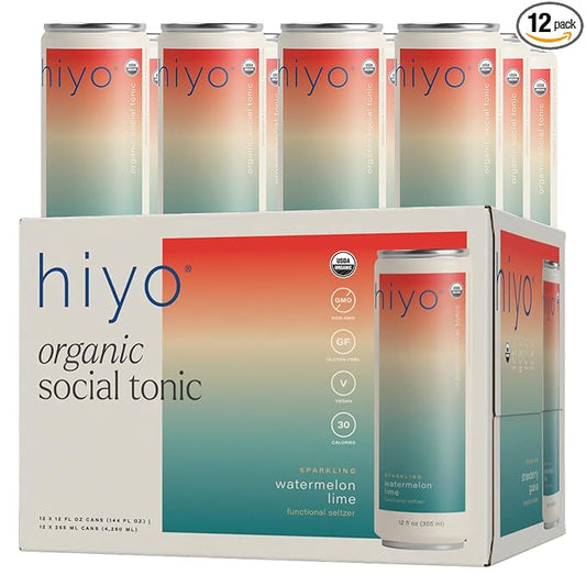 Hiyo Organic Social Tonic - Watermelon Lime, 12 Pack - N.A. Functional Seltzer, Sparkling Water Crafted with Organic Adaptogens, Nootropics & Botanicals