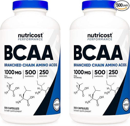 Nutricost BCAA 1000mg, 500 Capsules (250 Serv), 2:1:1 Branched Chain Amino Acids (500mg of L-Leucine, 250mg of L-Isoleucine and L-Valine) (2 Bottles)