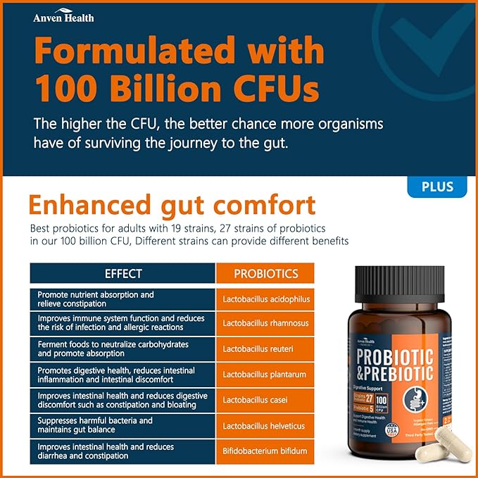 100 Billion Probiotics for Men and Women 27 Strains 5 Organic Prebiotics for Gut Digestive & Immune Health, Supports Diarrhea Gas Bloating, Vegan Probiotic Supplement Formula丨60 Caps