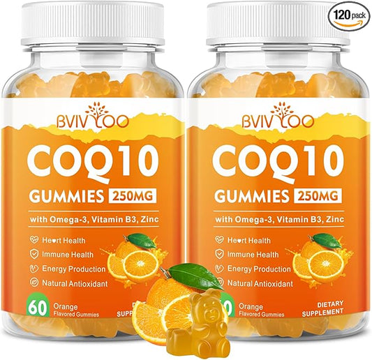 2 Packs CoQ10 Gummies 250mg, Plus Omega-3, Vitamin B3 & Zinc, Magnesium - High Absorption Coenzyme Q10 Supplements for Heart Health, Cellular Energy, & Antioxidant Support, 120 Count