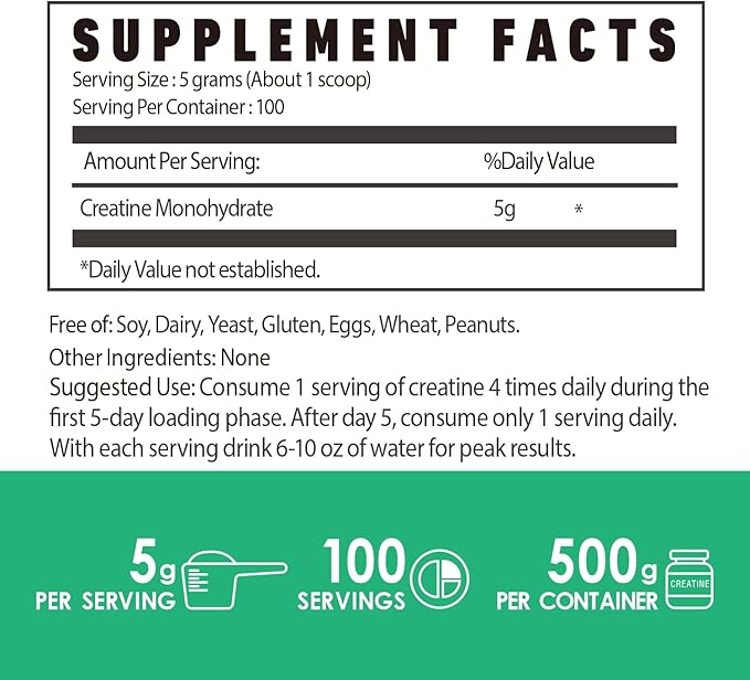Creatine Monohydrate Powder 500g, Pure Micronized Creatine Supplements for Men and Women Building Muscle, Pre & Post Workout Creatine Powder, Vegan, Unflavored - 100 Servings (1.1Lb)