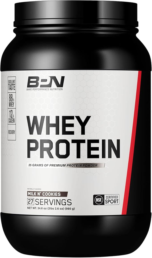 BARE PERFORMANCE NUTRITION, BPN Whey Protein + Casein Protein Powder Blend, Milk N' Cookies, 25g Protein per Serving Supports Lean Muscle Recovery, 27 Servings, Third Party Tested