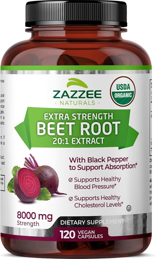 Zazzee USDA Organic Beet Root 8000 mg Strength 20:1 Extract, 120 Vegan Quick Release Capsules, Black Pepper Extract for Enhanced Absorption, Supports Nitric Oxide Production, Non-GMO, Made in The USA