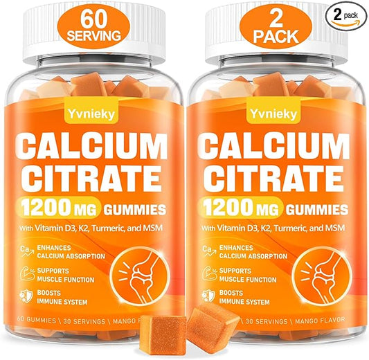 Calcium 1200 mg with Vitamin D3 Supplement Gummies for Adults - Calcium Citrate with Vitamin D3, K2, Turmeric, MSM for Women Men - Support Strength Muscle Immune - Sugar Free, Natural Mango Flavor