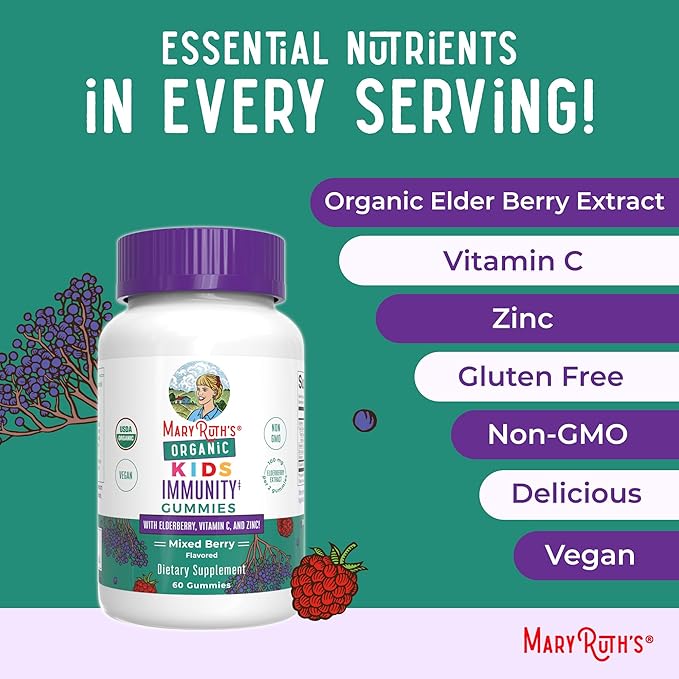 MaryRuth Organics Kids Immune Support Gummies | USDA Organic | Vitamin C, Zinc, and Elderberry Gummies for Kids| Immune Support for Ages 4+ | Vegan | Non-GMO | Gluten Free | 60 Count