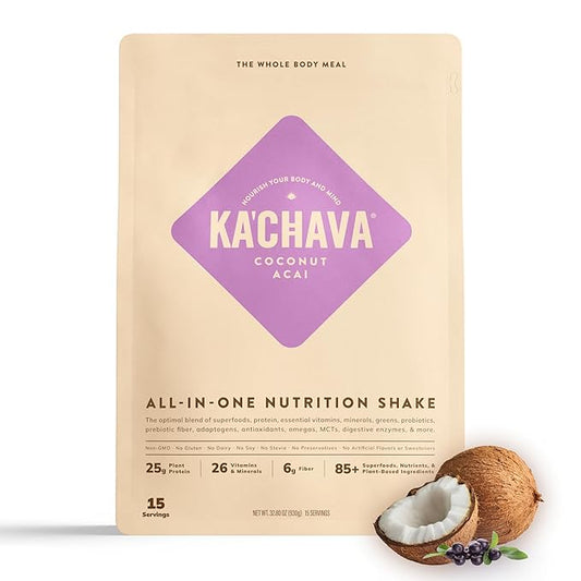 Ka’Chava All-In-One Nutrition Shake Blend, Coconut Acai, 15 Servings, 85+ Superfoods & Nutrients, Meal Replacement, Greens Plant-Based Superfood Powder Protein Drink, Digestive Enzymes & Probiotics, Vegan Dairy Gluten Free