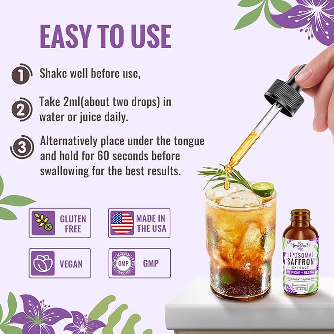 Saffron Supplements - 88.5 mg Saffron Extract Better Bioavailability Liposomal Drops for Mood, Energy, Vision & Focus with Ashwagandha, Turmeric, Magnesium, Zinc, Vitamin B12 & D3, 60 ml, 30 Servings