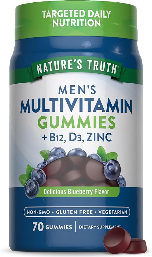 Nature's Truth Multivitamin for Men Gummies | 70 Count | Blueberry Flavor | with B12, D3, & Zinc | Vegetarian, Non-GMO, & Gluten Free Supplement