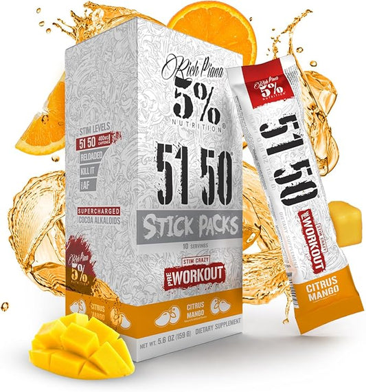 5% Nutrition Rich Piana 5150 High Stim Pre-Workout Powder Packets | Extreme Energy, Focus, Pumps & Endurance | 513 mg Caffeine Complex, Citrulline, Beta Alanine, L-Tyrosine (Citrus Mango) (10 Count)