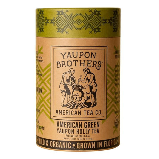 Yaupon Brothers American Green Yaupon Tea - 16 Eco-Friendly Organic Green Tea Bags Crafted from Antioxidant Rich Yaupon Organic Leaves - Caffeinated in Fiber Bags