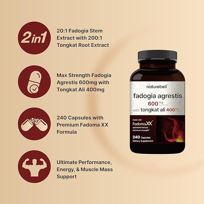 NatureBell Fadogia Agrestis 600mg with Tongkat Ali 400mg, 240* Capsules | 20:1 Fadogia Stem Extract & Indonesia Tongkat-Ali (Longjack) Root Extract – Max Strength Herbal Supplement – Non-GMO