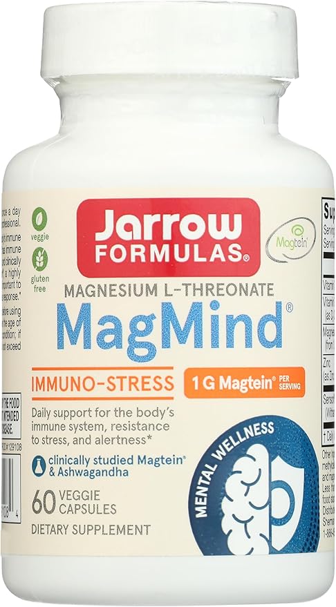 Jarrow Formulas Magnesium L-Threonate, MagMind Immuno-Stress, Dietary Supplement Featuring Ashwagandha and Immunity Support, Vitamins C & D, 60 Capsules, Up to a 30 Day Supply