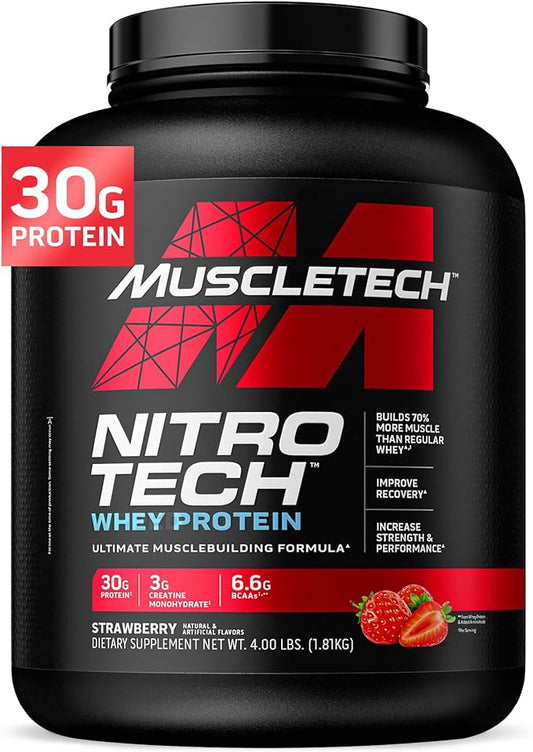Muscletech Whey Protein Powder (Strawberry, 4 Pound) - Nitro-Tech Ultimate Muscle Building Formula with Whey Protein Isolate & Peptides - 30g of Protein, 3g of Creatine & 6.8g of BCAA