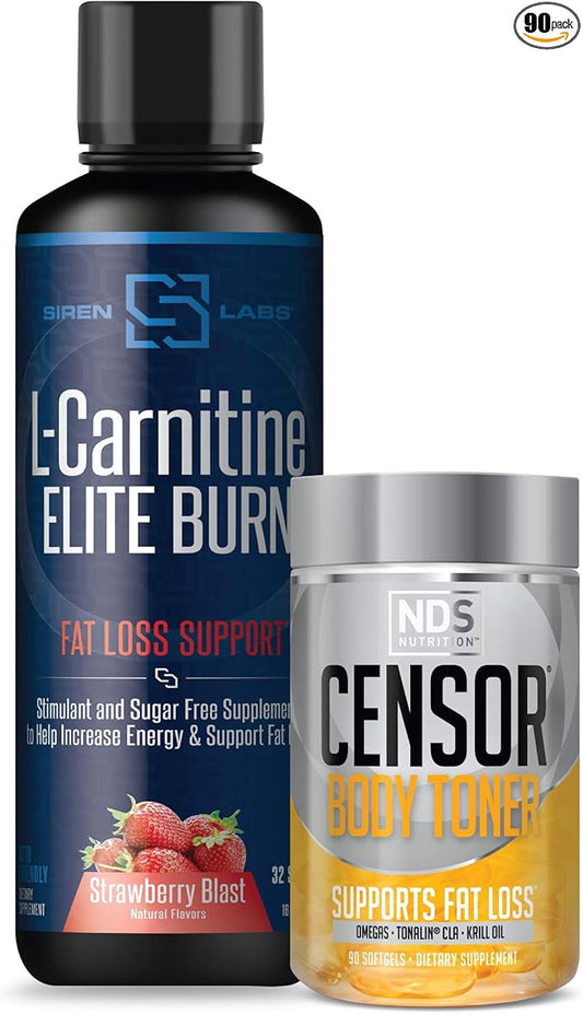 Censor NDS Nutrition Fat Loss-Body Toner with CLA (90 Softgels) & Siren Labs L-Carnitine Elite Burn Fat Loss Support Strawberry Blast 3000 mg (32 Servings)