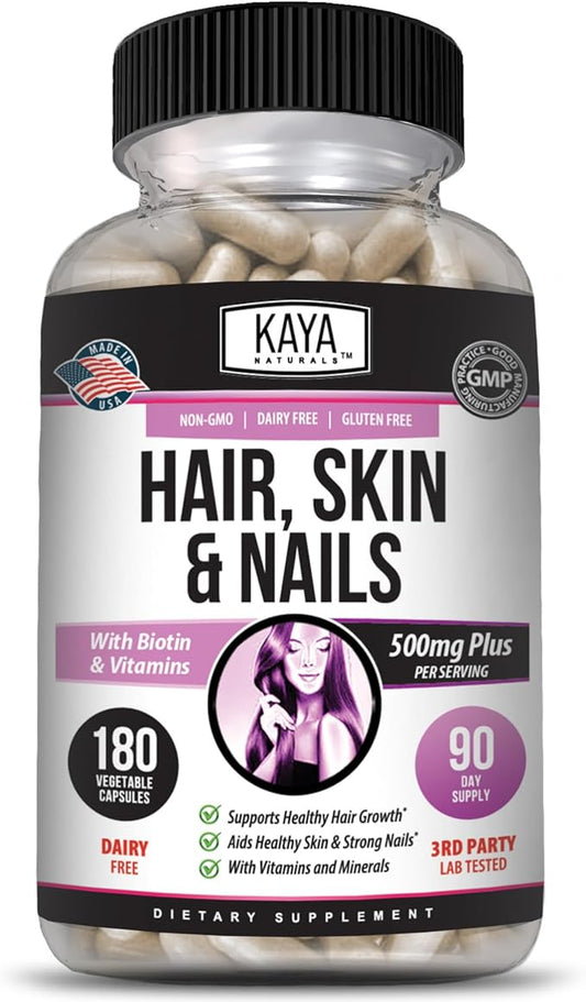 Kaya Naturals Hair Skin Nail Capsules BIOTIN Vitamin D Vitamin B-12 A Folic Acid Support, Hair Support Vitamin Supplement - 180 Count