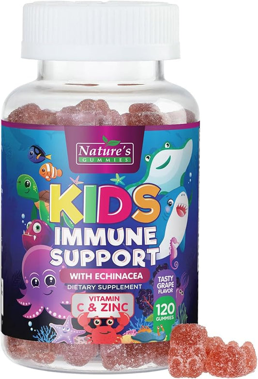 Kids Immune Support Gummies with Echinacea, Zinc & Vitamin C - Berry Flavor Chewable Kids Immunity Gummy Support, Non-GMO Gluten-Free Vegan - Daily Childrens Vitamins with Immune Support - 120 Gummies