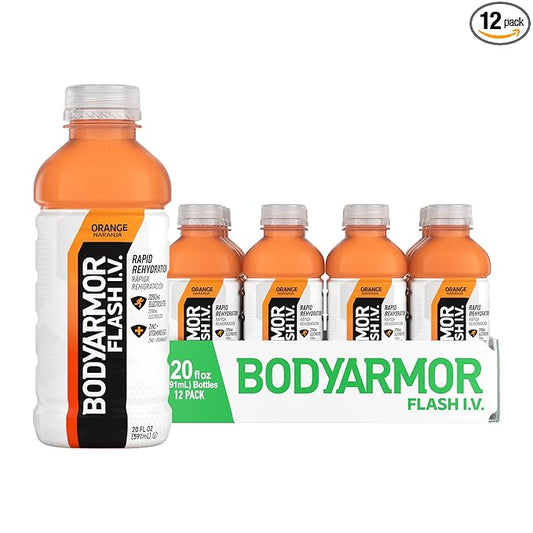 BODYARMOR Flash I.V. Electrolyte Beverage, Orange, Hydration Drink with Coconut Water For Rapid Rehydration, Post Workout Recovery, 20 Fl Oz (Pack of 12)
