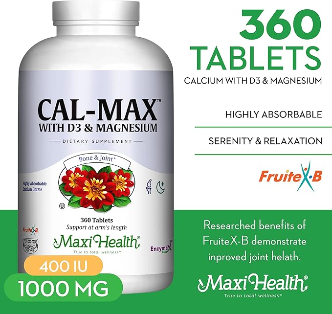 Maxi Health Calcium Magnesium Supplement with Vitamin D3 and Boron - Kosher Bone Health & Nighttime Formula, Calcium Citrate CalMag & Vitamin D (360 Tablets)