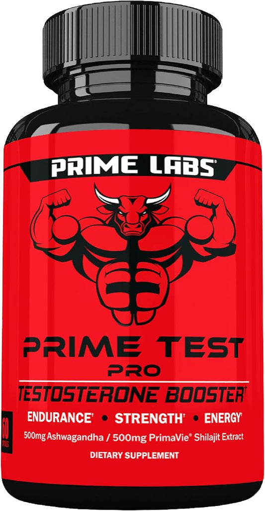 Prime Labs Prime Test Pro - Testosterone Supplement for Men - Test, Vitality, & Energy Booster - with Ashwagandha, PrimaVie Shilajit Extract, & DIM - 60 Capsules