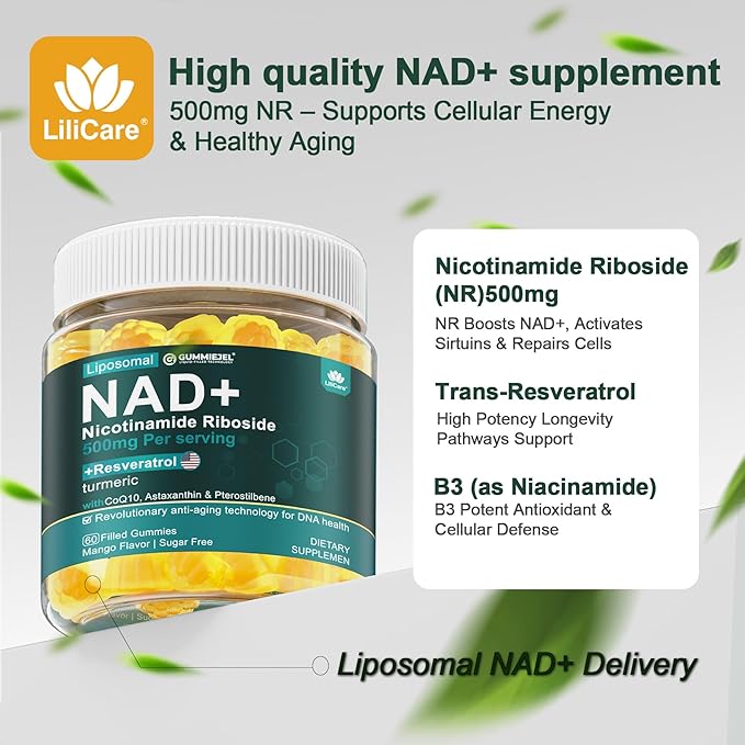 NAD+ Supplement for Women & Men,Nicotinamide Riboside 1000mg| Resveratrol,B3,CoQ10| Liposomal NMNH Supplement Alternative for Anti-Aging, Energy, Focus & Cell Regeneration,Sugar Free,MADE IN USA,60cts