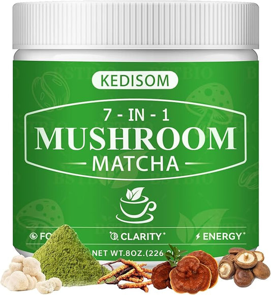 Mushroom Matcha 8 Oz | Ceremonial-Grade Japanese Matcha with 7 Adaptogenic Superfood Mushrooms, MCT Oil, Coconut Milk Powder, Natural, Gluten Free, Instant Powder for Energy, Focus, Digestion, Immunity, 45 Servings