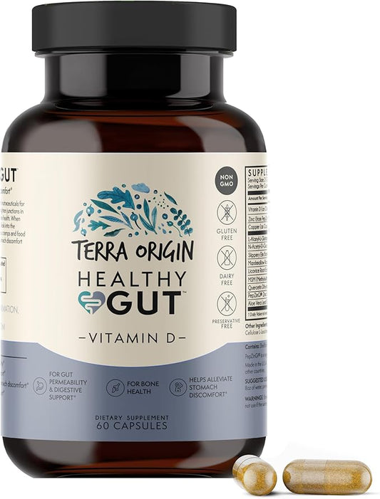 TERRA ORIGIN Healthy Gut with Vitamin D 5000 IU | 60 Capsules | Gut Health Supplements for Men and Women | Supports Digestion and Gas