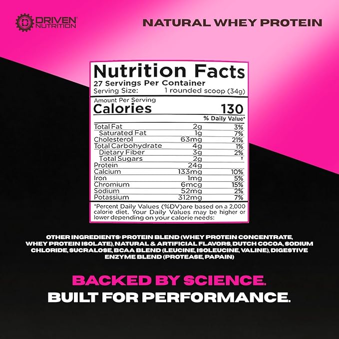 Driven WHEY- Grass Fed Whey Protein Powder: Delicious, Clean Protein Shake- Improve Muscle Recovery with 23 Grams of Protein with Added BCAA and Digestive Enzymes (2 lb, Chocolate Milkshake)