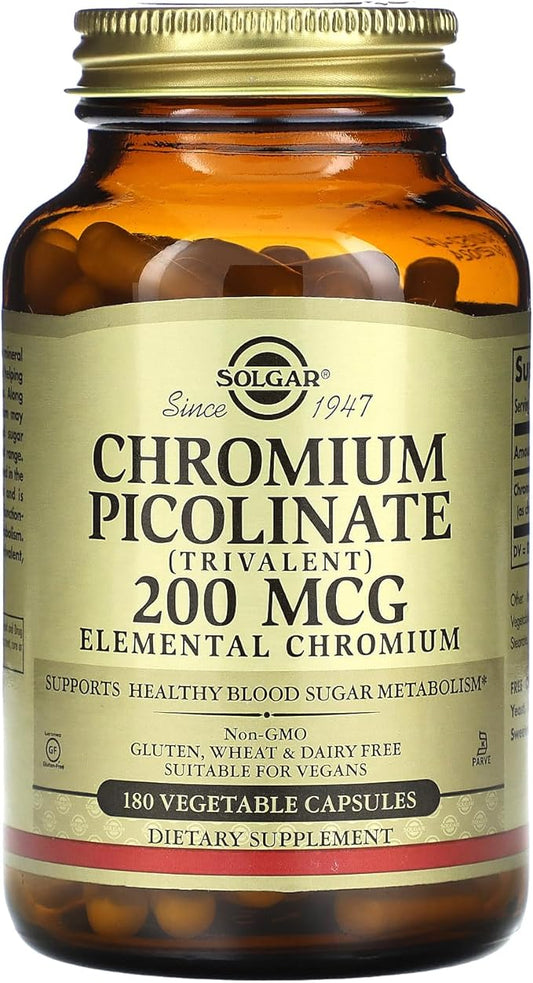 Solgar Chromium Picolinate 200 mcg, 180 Vegetable Capsules - Supports Healthy Blood Sugar Metabolism - Non-GMO, Vegan, Gluten Free, Dairy Free, Kosher - 180 Servings