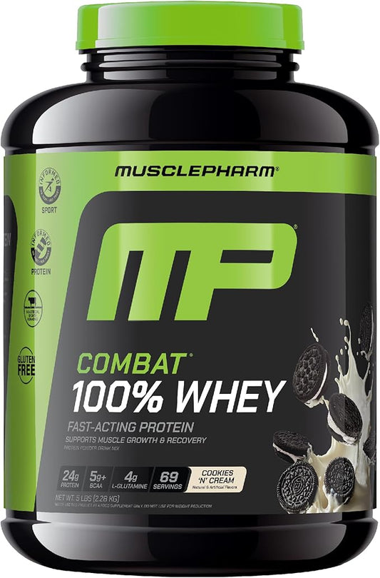 MusclePharm Combat 100% Whey Protein Powder, Cookies ‘N’ Cream Flavor, Fast Recovery & Muscle Gain with Whey Protein Isolate, High Protein Powder for Women & Men, Gluten Free, 5 lb, 70 Servings