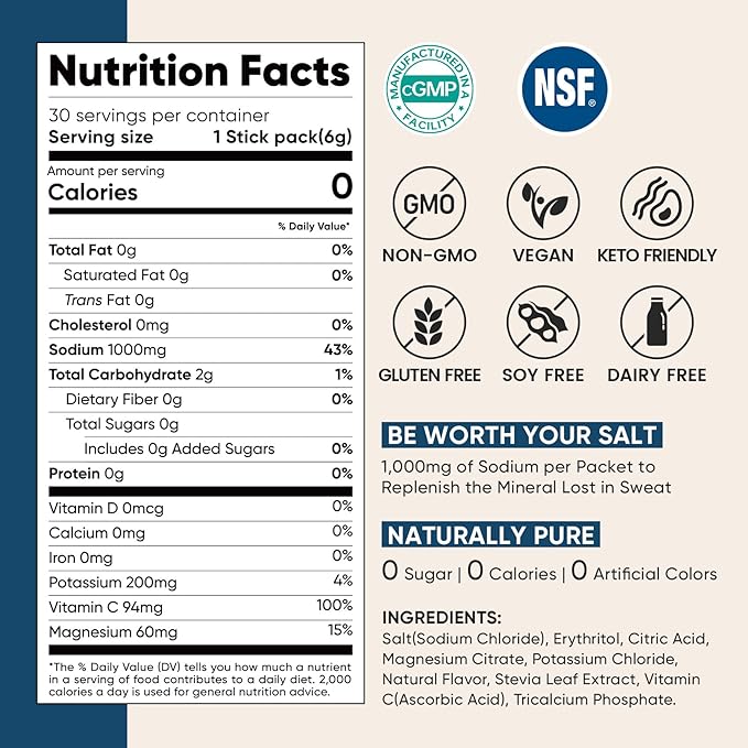 Venture Pal High Sodium Sugar-Free Electrolyte Powder Packets - Hydration Packets with Sodium, Potassium & Magnesium | Zero Calories | Vegan, Keto, and Paleo Friendly | 30 Sticks