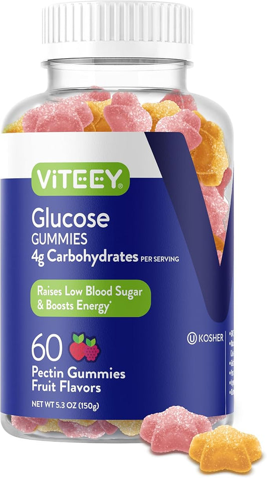 Viteey Glucose Gummies for Women, Men & Teens - 4g of Carbohydrates - Naturally Sourced, Vegan, GMO Free, Gluten Free, Gelatin Free - Tasty Chewable Fruit Flavored Pectin Gummy