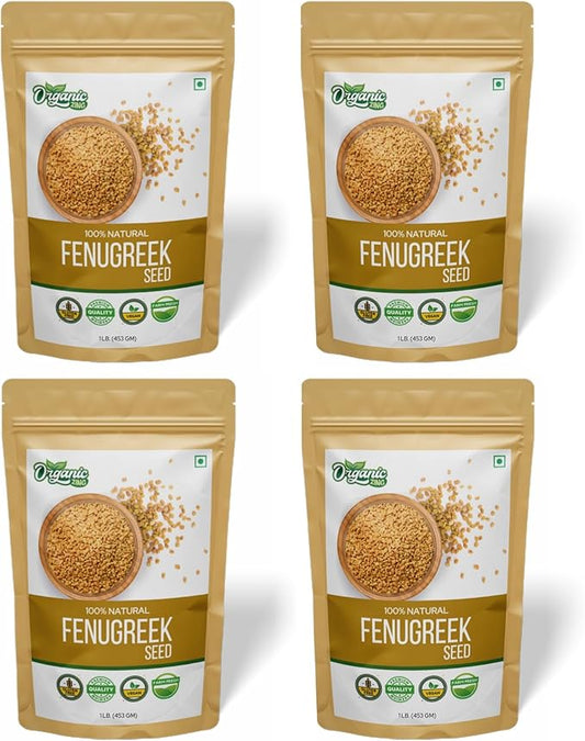 Organic Fenugreek Seeds Also Known As Methi Seeds and Trigonella Foenum-Graecum | USDA Certified | Vegan | Preservative Free | Product of India - 453g Resealable Pack of 4