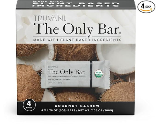 Truvani Plant Based Snack Bars | Coconut Cashew 4 Pack | 5g Protein | USDA Organic and Vegan | The Only Bar | Dairy, Soy, and Gluten Free | Individually Wrapped