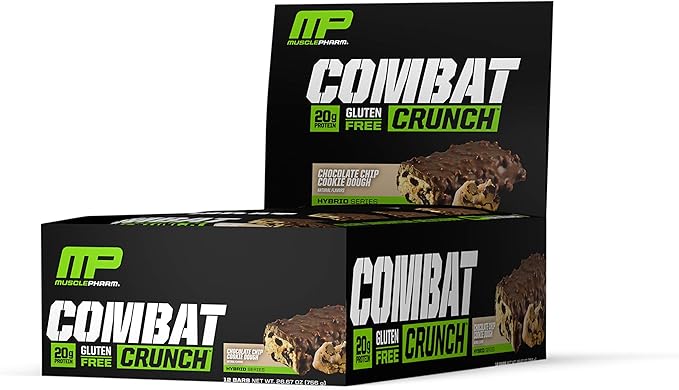 MusclePharm Combat Sport Bar, Chocolate Chip Cookie Dough, High Protein Bars, Combat Cravings, Fuel Performance & Meet Energy Demands, 20g Protein from Whey Protein, 5g Fiber, Gluten Free, 12 Bars
