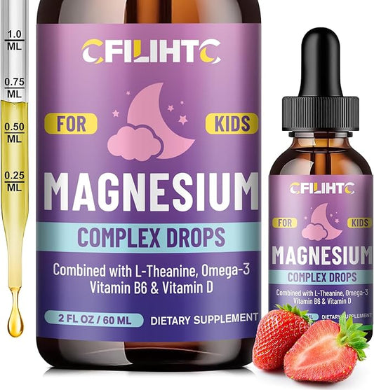 Kids Magnesium Liquid Drops-Magnesium Glycinate Liquid for Kids Supplement-w/L-theanine, Omega-3, Vitamin B6, D3 - for Sleep, Relaxation, Brain, Bones - 2 Fl Oz Children's Calm, Strawberry Flavor