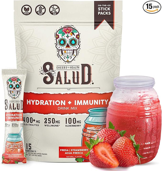 Salud 2-in-1 Hydration Packets + Immunity Electrolytes Powder, Strawberry - Fresca Agua Fresca Drink Mix, Elderberry, Dairy & Soy Free, Non-GMO, Gluten Free, Vegan, Low Calorie, 1g Sugar (15 Servings)