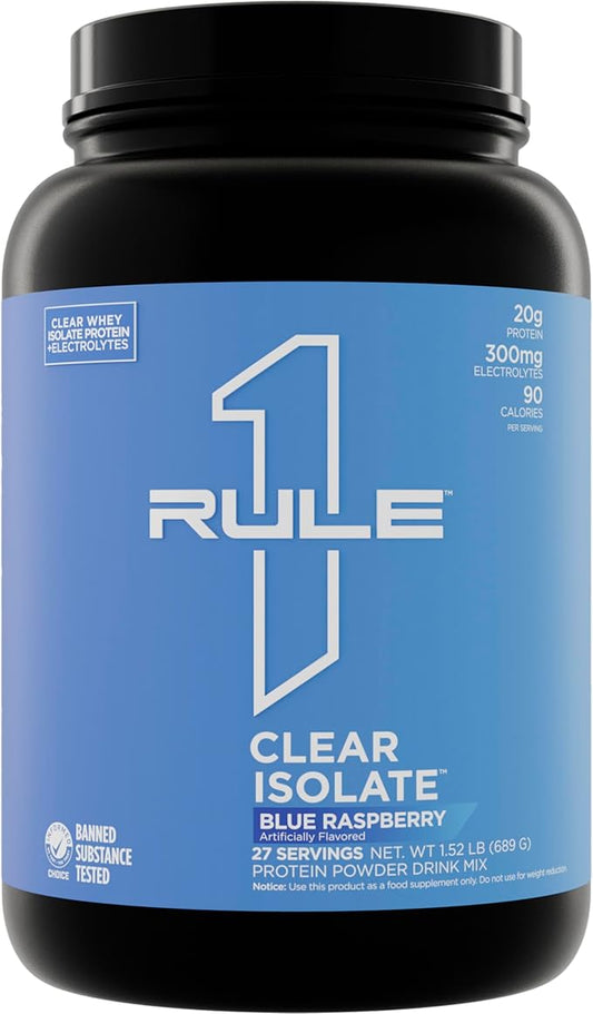 Rule One Proteins Clear Isolate - 20g All-whey Isolate Protein, Over 9g EAAs, 300mg of Electrolyte Minerals, 90 Calories, Light, Crisp, and Refreshing Taste (27 Servings, Blue Raspberry)