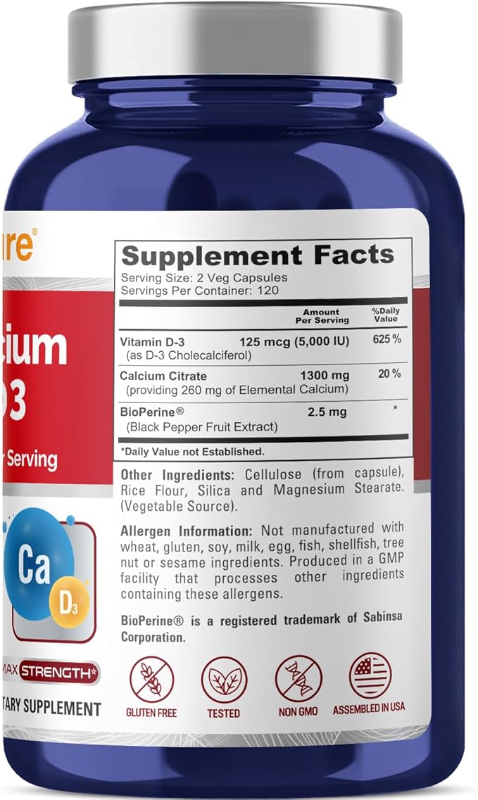 NusaPure Super Calcium 1300mg, Vitamin D3-240 Veggie Caps (Non-GMO, Gluten-Free, Bioperine)