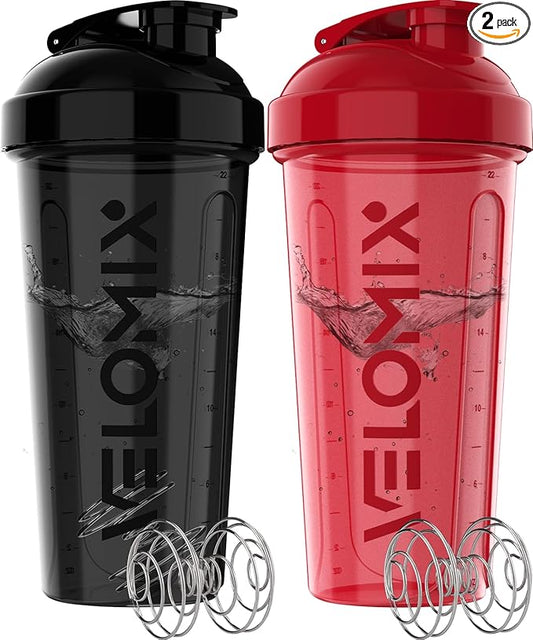 -2 Pack- 28 oz Protein Shaker Bottles for Protein Mixes - 2x Wire Whisk | Leak Proof Shaker Cups for Protein Shakes | Protein Shaker Bottle Pack | Shakers for Protein Shakes - Black&Red