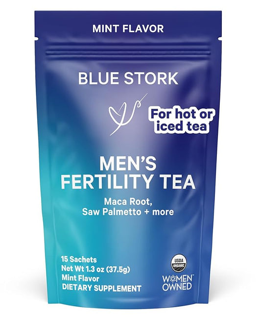 Blue Stork Men's Fertility Tea: Organic Fertility Supplements for Men, Green Tea, Maca Root, and Ginkgo Biloba for Male Reproductive Health, Mint, 15 Sachets