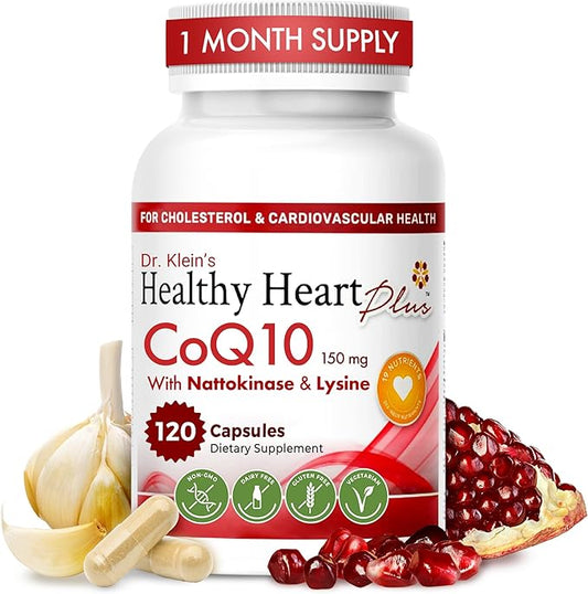 Healthy Heart Plus CoQ10 Cardiovascular Supplement - Coenzyme Q10 150mg, Nattokinase, Pomegranate Extract & Garlic for Blood Pressure & Cholesterol - Heart Supplements for Men & Women - 120 Capsules