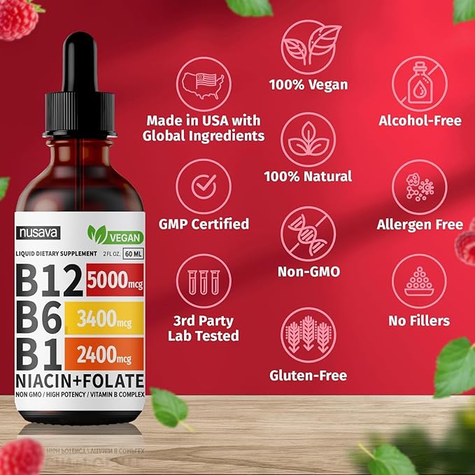 (4 Pack) Vitamin B12 and B6 Liquid Drops, B12 Sublingual Vitamin B Complex - B 12 Vitamin 5000mcg - B12 Methylcobalamin for Energy, Brain, and Heart Support with 27,200 mcg, Raspberry, 80 Servings