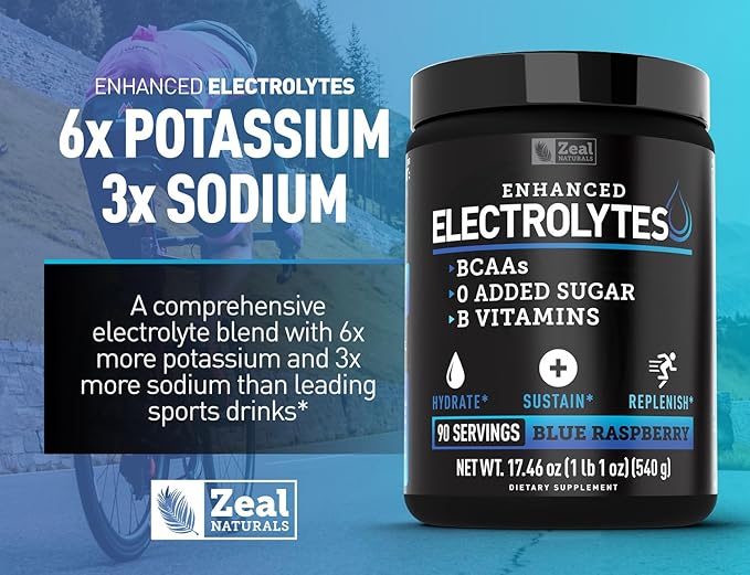Enhanced Electrolyte Powder (Blue Raspberry | 90ct.) w/ 0 Sugar +BCAAs +B-Vitamins Electrolyte Supplement w Potassium Zinc & Magnesium for Hydration - Keto Electrolytes