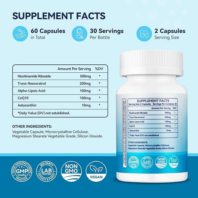 NAD+ Supplement for Women, with 900MG Nicotinamide Riboside (NR), Resveratrol, CoQ10, Alpha-Lipoic Acid, Astaxanthin - Supports Cellular Energy & Repair, Healthy Aging - 60 Vegetarian Capsules