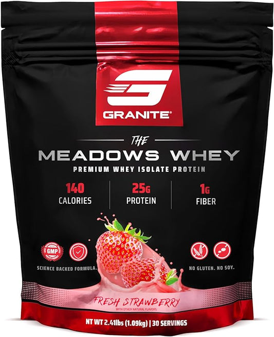 Granite Supplements The Meadows Whey Protein Isolate Protein Powder for Lean Muscle with 150 Calories, 2g Fiber, 1g Sugar (30 Servings), Fresh Strawberry Flavor